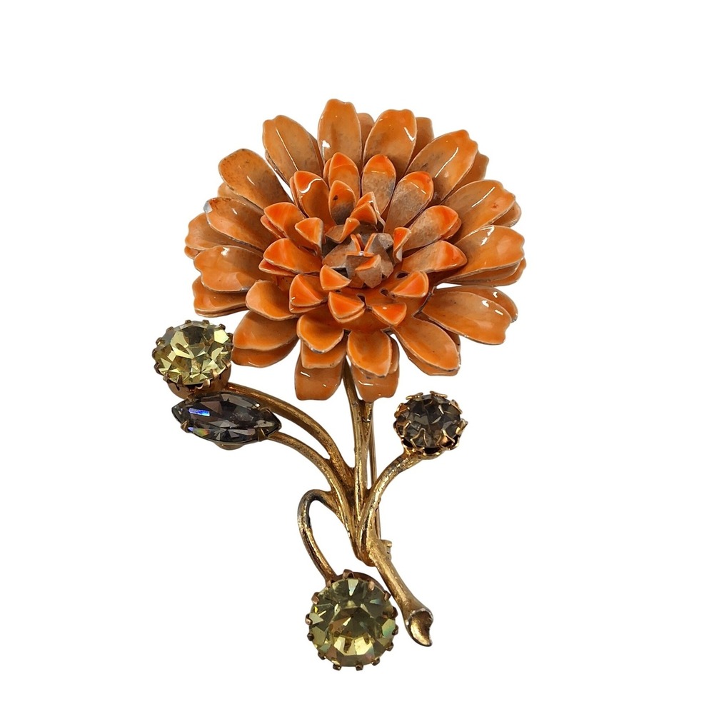 Vintage 1960s Orange Enamel Flower Brooch Large Mod Poppy Rhinestone Gold Tone
